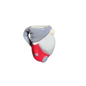 Pottery Barn Red White & Gray Ceramic Hooded Gonk Gnome Coffee Mug 5"X4.5"X3.5"